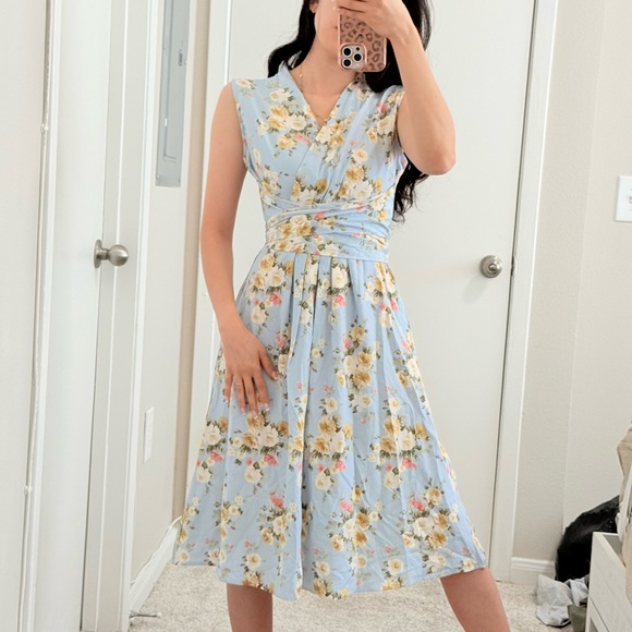 #076 | Floral Wrap Waist Midi Dress | Light Blue | S | Ribbon Pockets - Picture 1 of 8